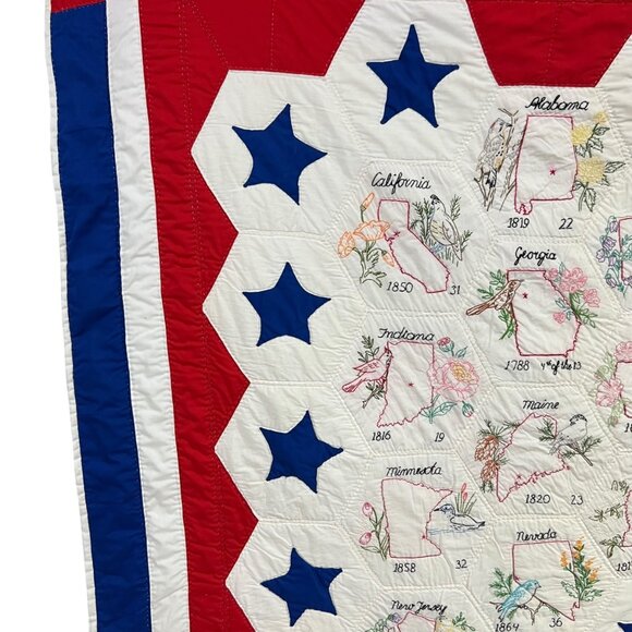 Rare 70s Hand Stitched Heirloom State Flowers Birds Statehood Patchwork Quilt - Picture 4 of 10